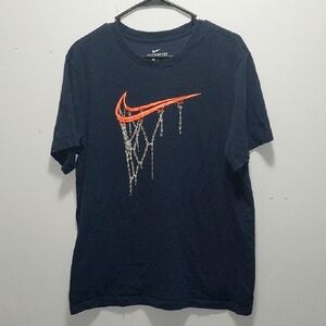 Nike Blue and Orange Short Sleeve Tee with Basketball Hoop Swoosh Large